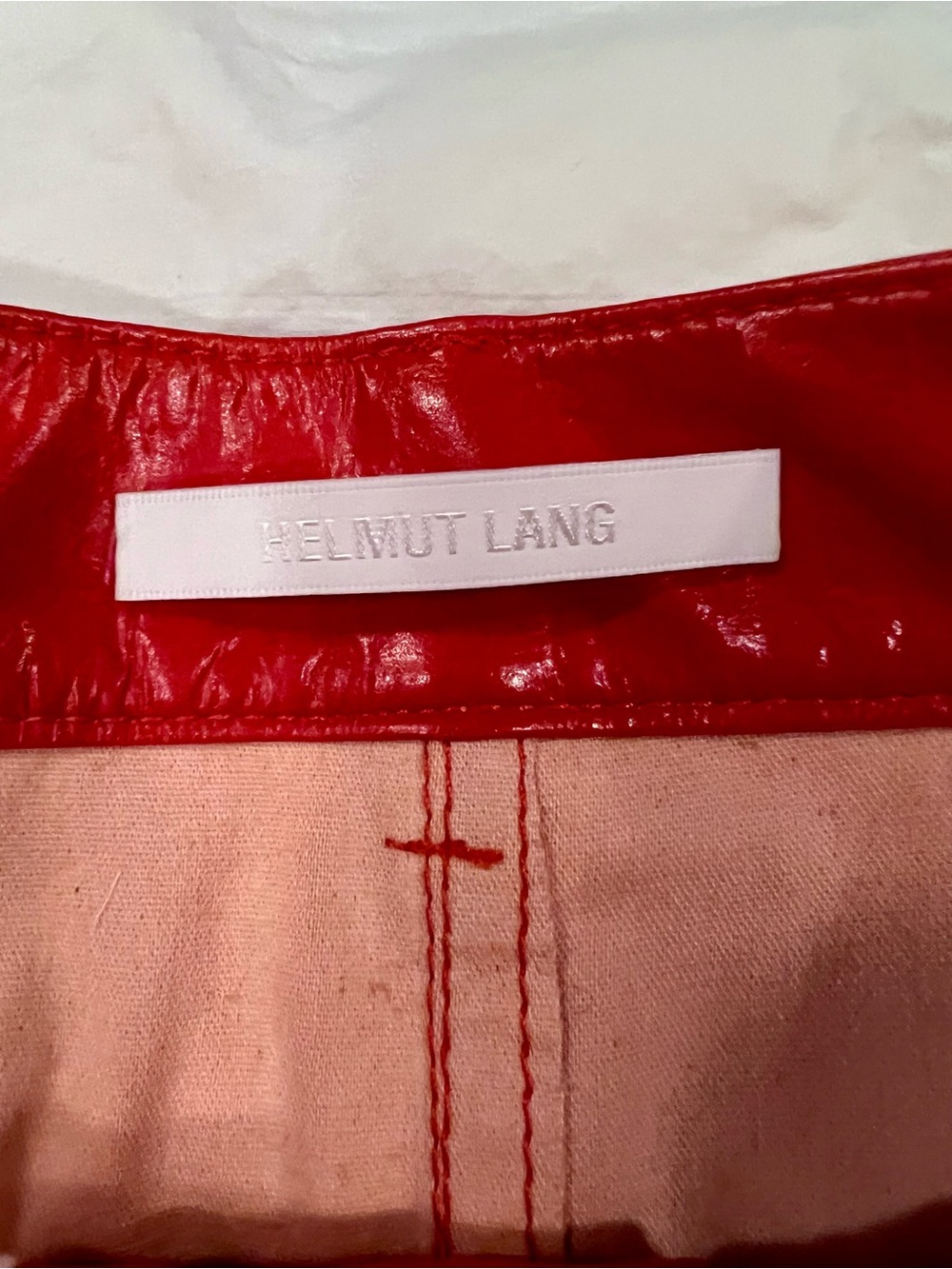 HELMUT LANG Orange patent leather skirt with 5 pockets. - Picture 6 of 9